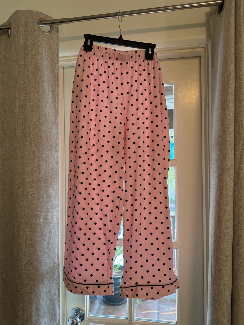 Women's Pink Polka Dot Pajama Pants with Black Trim size large